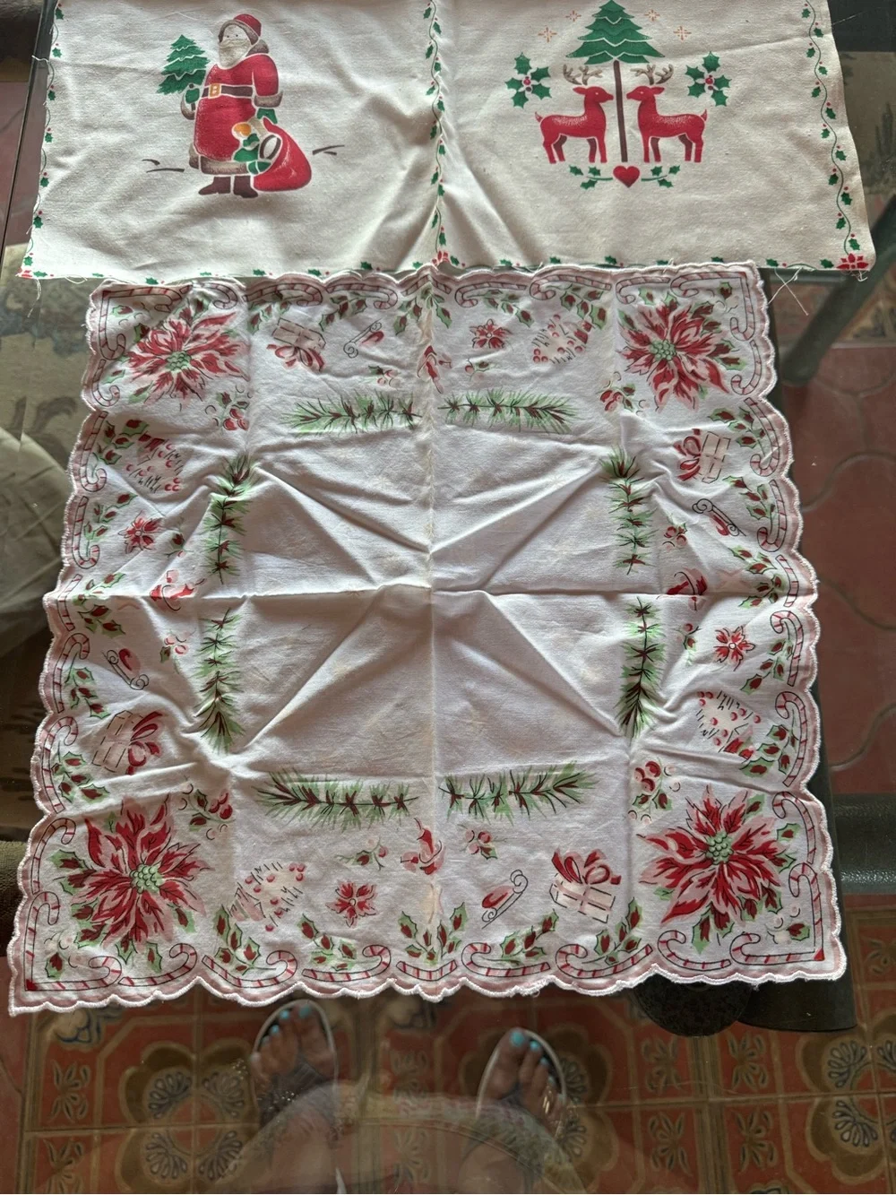 Vintage MidCentury Holiday poinsettia Hankie And 1980 Stencil Fabric Panel Nice